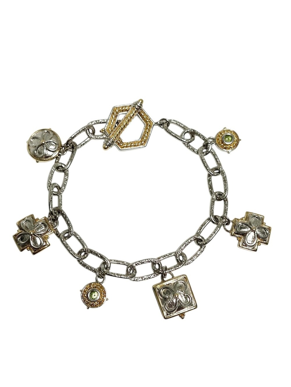 Two-Tone Silver and Gold Peridot Charm Link Bracelet 7" Kate Landry